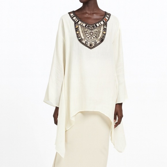 Lafayette 148 Cream Beaded Embellished Tunic Top‎ Kaftan Style Linen Size 10 NWT